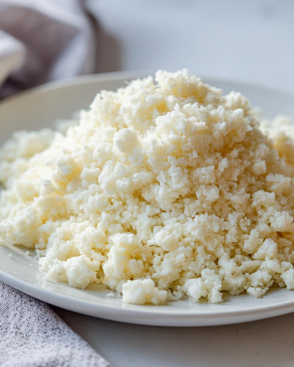 A close-up of freshly made cauliflower rice piled high on a white plate, illustrating the texture for How To Make And Store Cauliflower Rice.
