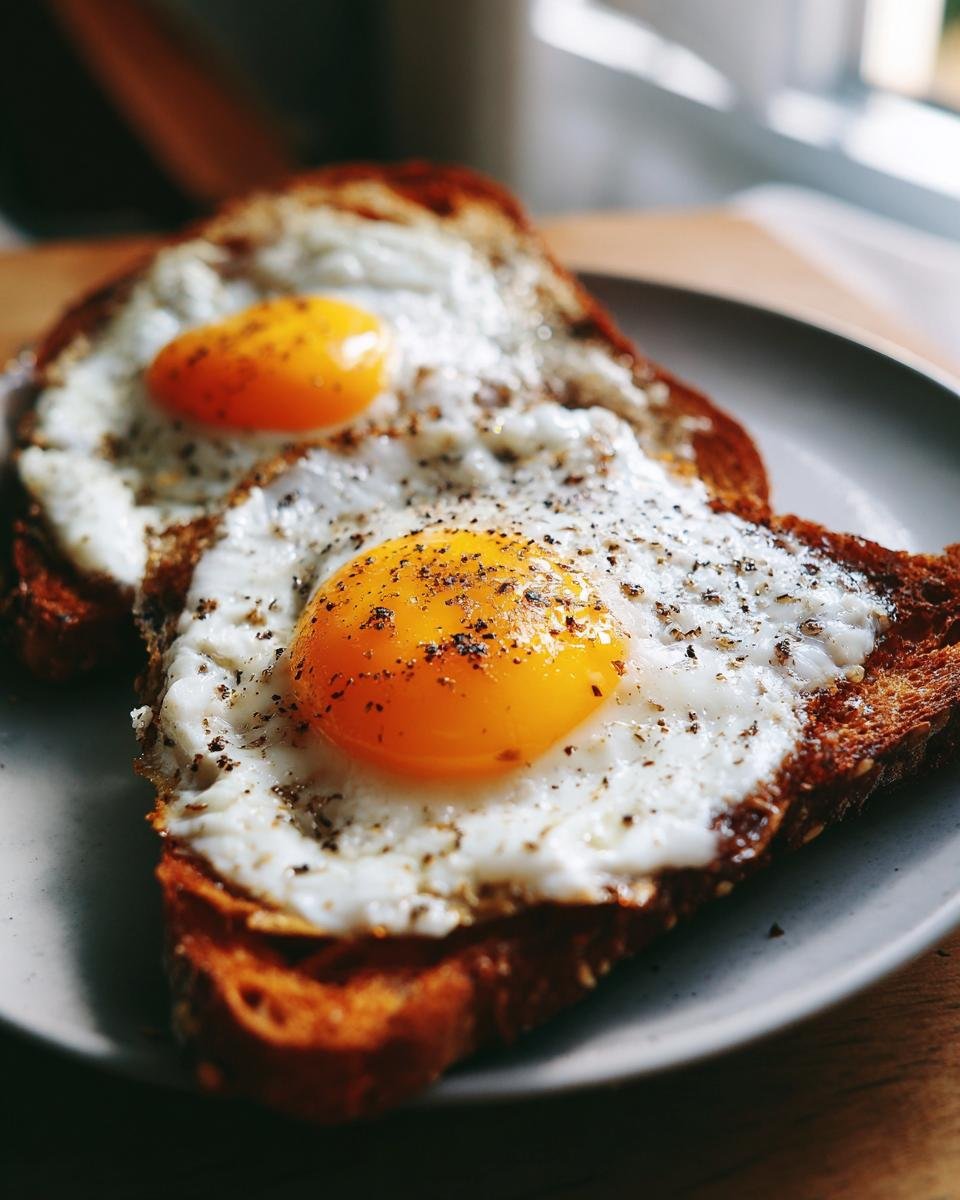 Two slices of whole wheat toast topped with perfectly fried eggs and cracked black pepper, a simple yet delicious breakfast toast idea.