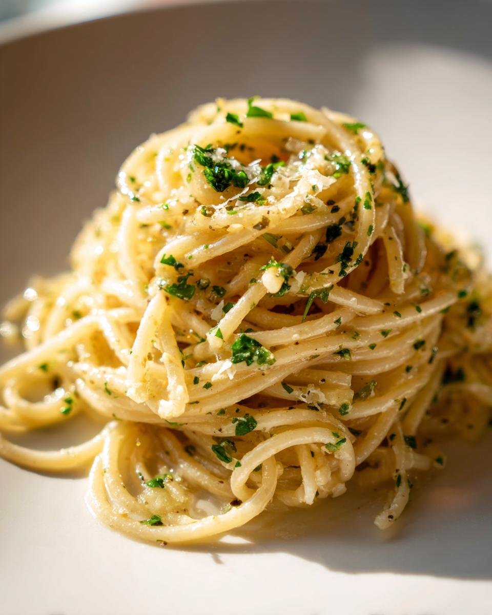 Close-up of a serving of Garlic Butter Pasta, glistening with sauce, topped with fresh parsley and grated cheese.
