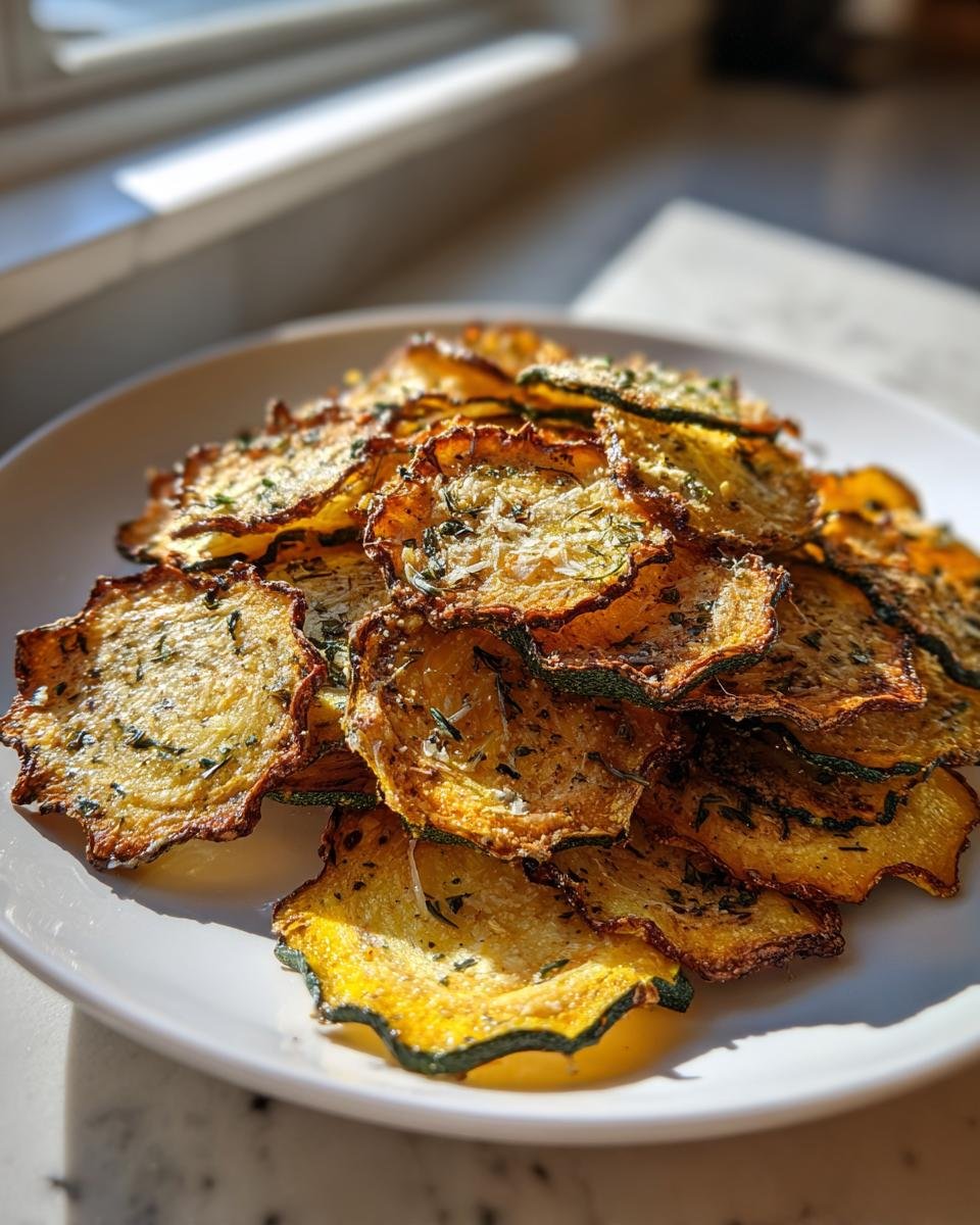 A pile of crispy, golden-brown Garlic Parmesan Yellow Squash Chips seasoned with herbs on a white plate.
