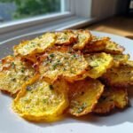 A pile of crispy, golden Garlic Parmesan Yellow Squash Chips sprinkled with herbs on a white plate.