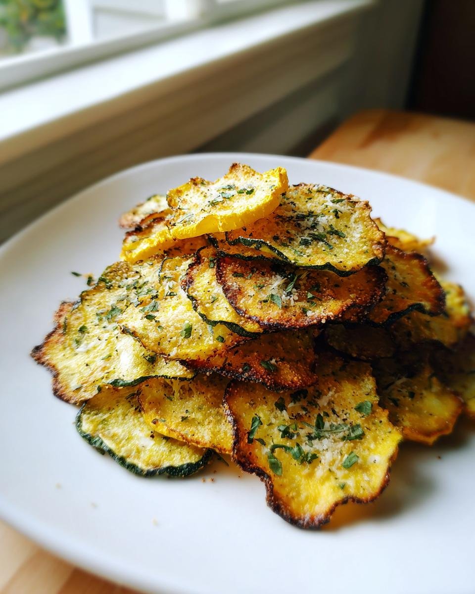 A pile of crispy, oven-baked Garlic Parmesan Yellow Squash Chips seasoned with herbs on a white plate.