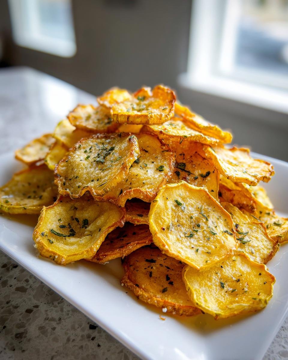 A tall pile of crispy, golden Garlic Parmesan Yellow Squash Chips seasoned with herbs on a white rectangular plate.