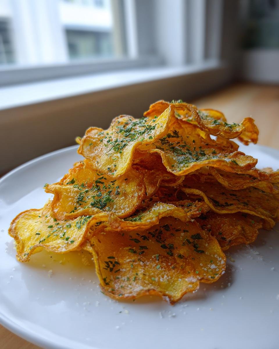 A stack of crispy, golden Garlic Parmesan Yellow Squash Chips sprinkled with grated cheese and parsley on a white plate.