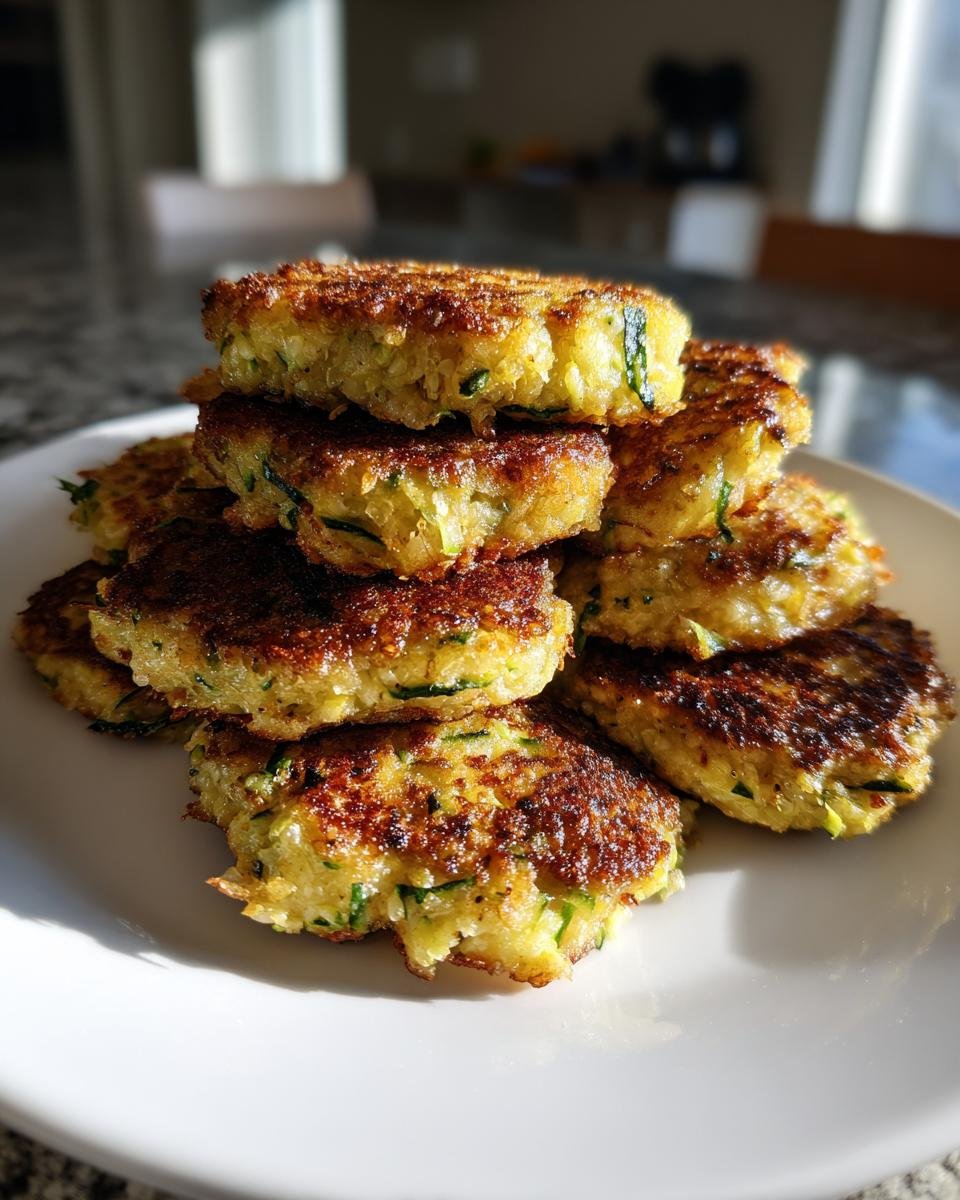 A stack of golden-brown Garlicky Cheesy Quinoa Zucchini Fritters piled high on a white plate.