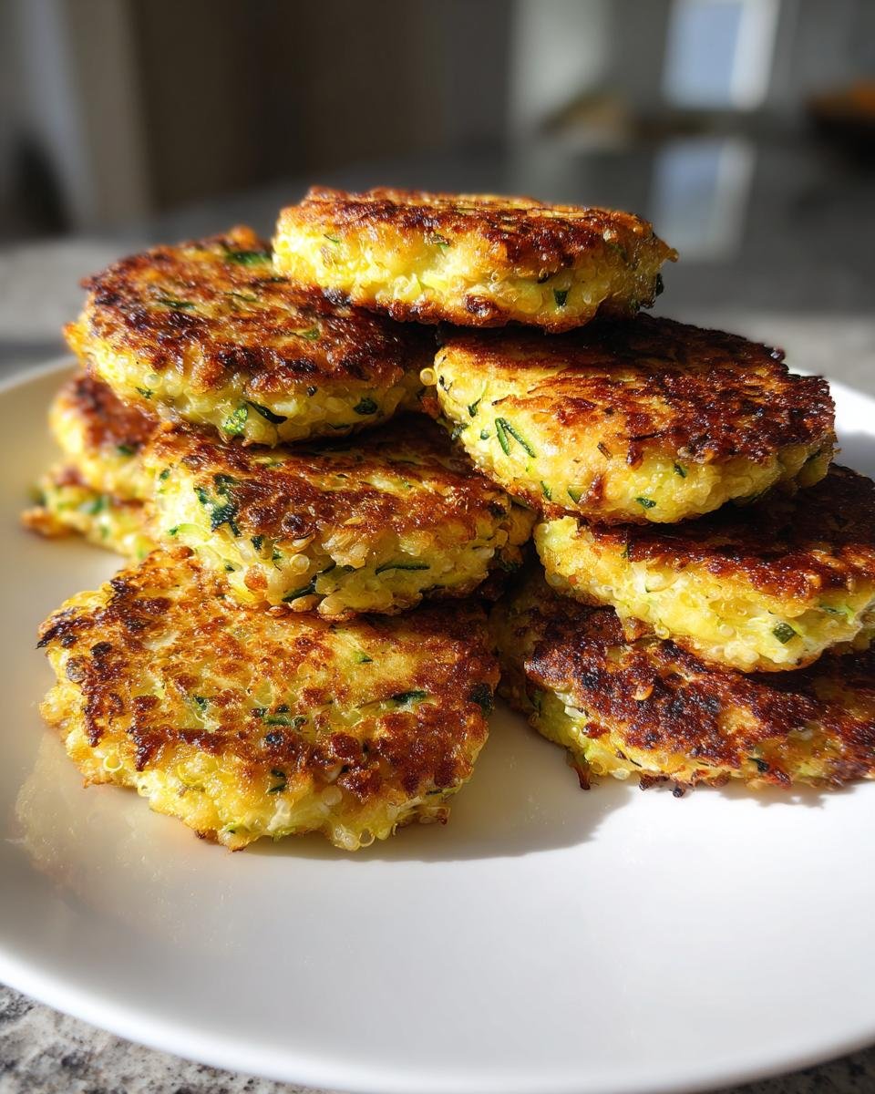 A stack of golden-brown Garlicky Cheesy Quinoa Zucchini Fritters piled high on a white plate.