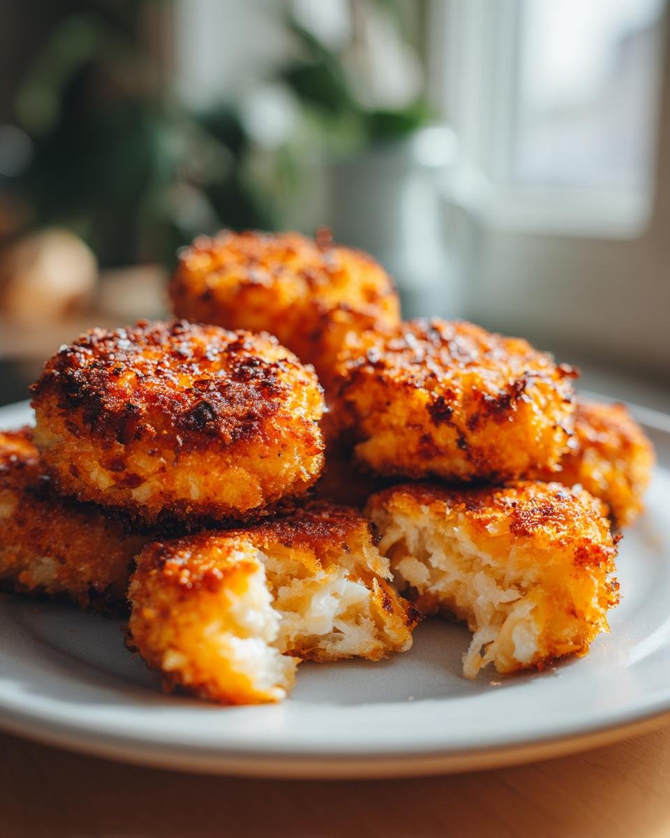 A stack of crispy, golden brown Air Fryer Fish Cakes on a light grey plate, one is broken open showing the flaky white interior.