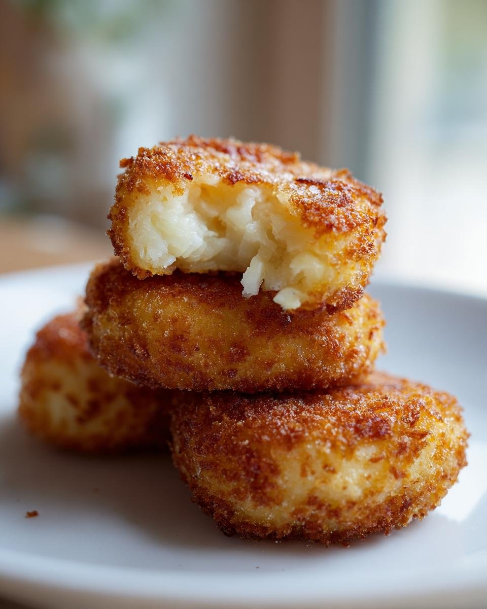 Close-up of three golden brown, crispy Potato Croquettes stacked on a white plate, one on top broken open to show the fluffy interior.