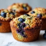 Close-up of a Good Morning Healthy Blueberry Zucchini Muffin topped with sugar and blueberries.