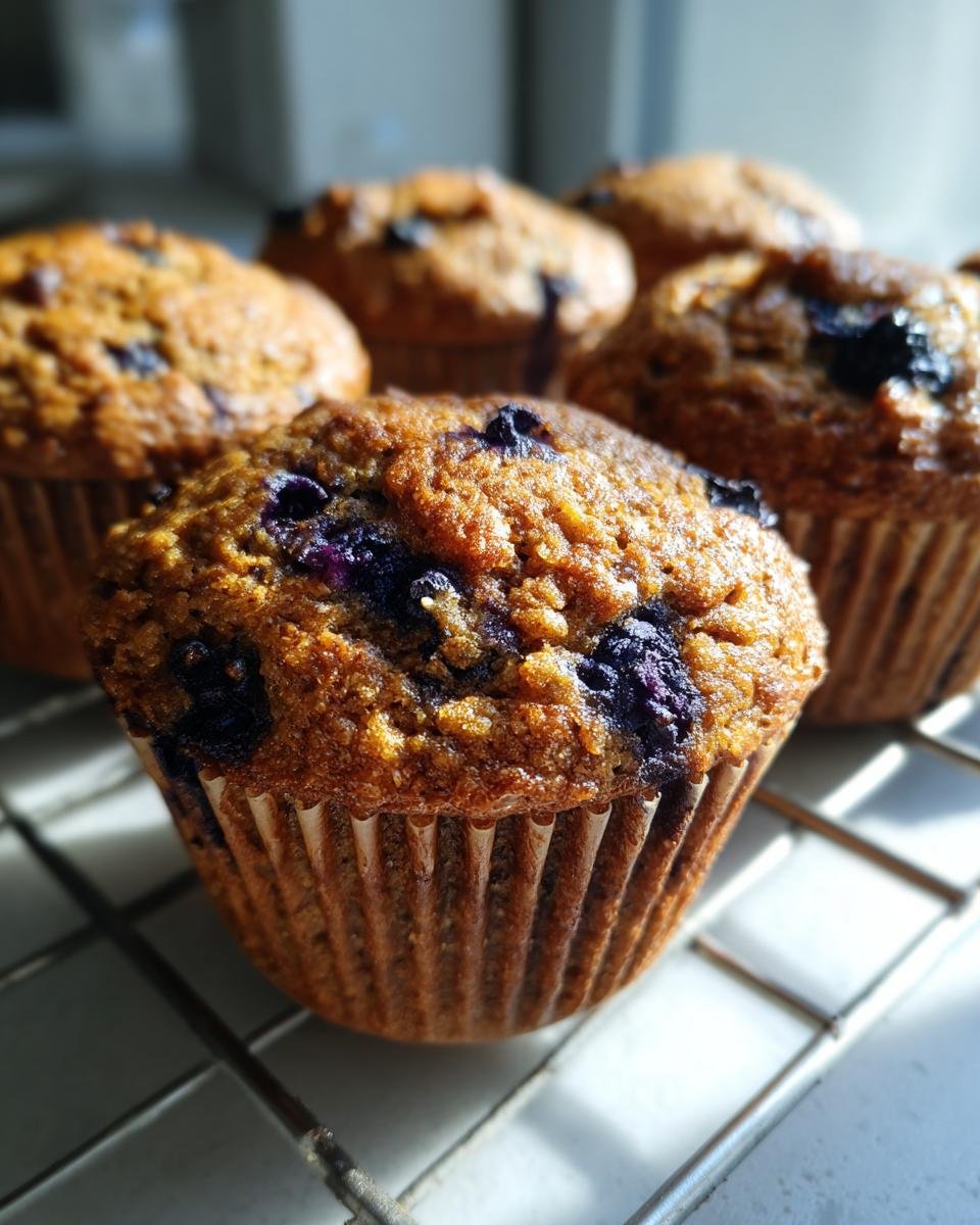 Close-up of a Good Morning Healthy Blueberry Zucchini Muffin on a cooling rack, showcasing blueberries and a golden-brown crumb.