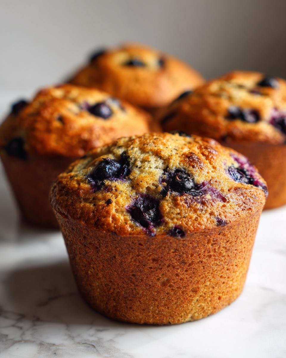 Close-up of delicious Good Morning Healthy Blueberry Zucchini Muffins with visible blueberries.