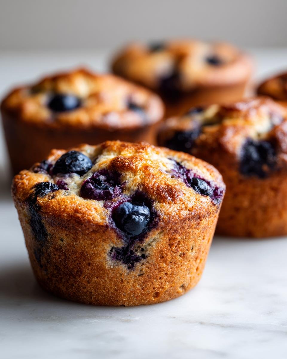 Close-up of a Good Morning Healthy Blueberry Zucchini Muffin, showcasing plump blueberries and golden-brown crust.