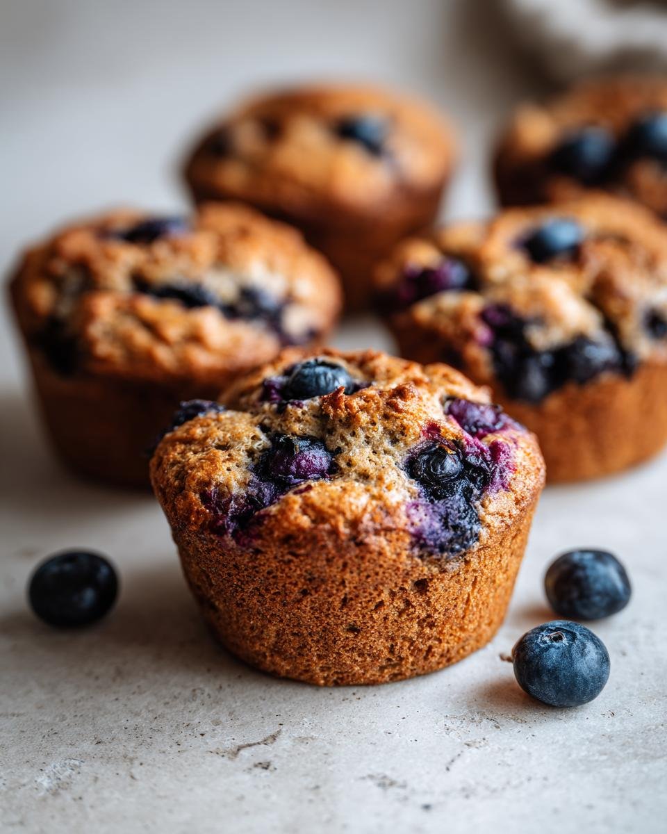 Close-up of Good Morning Healthy Blueberry Zucchini Muffins with fresh blueberries scattered around.