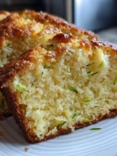 Close-up of a slice of Irresistible Greek Yogurt Zucchini Bread, showing moist texture and green zucchini shreds.