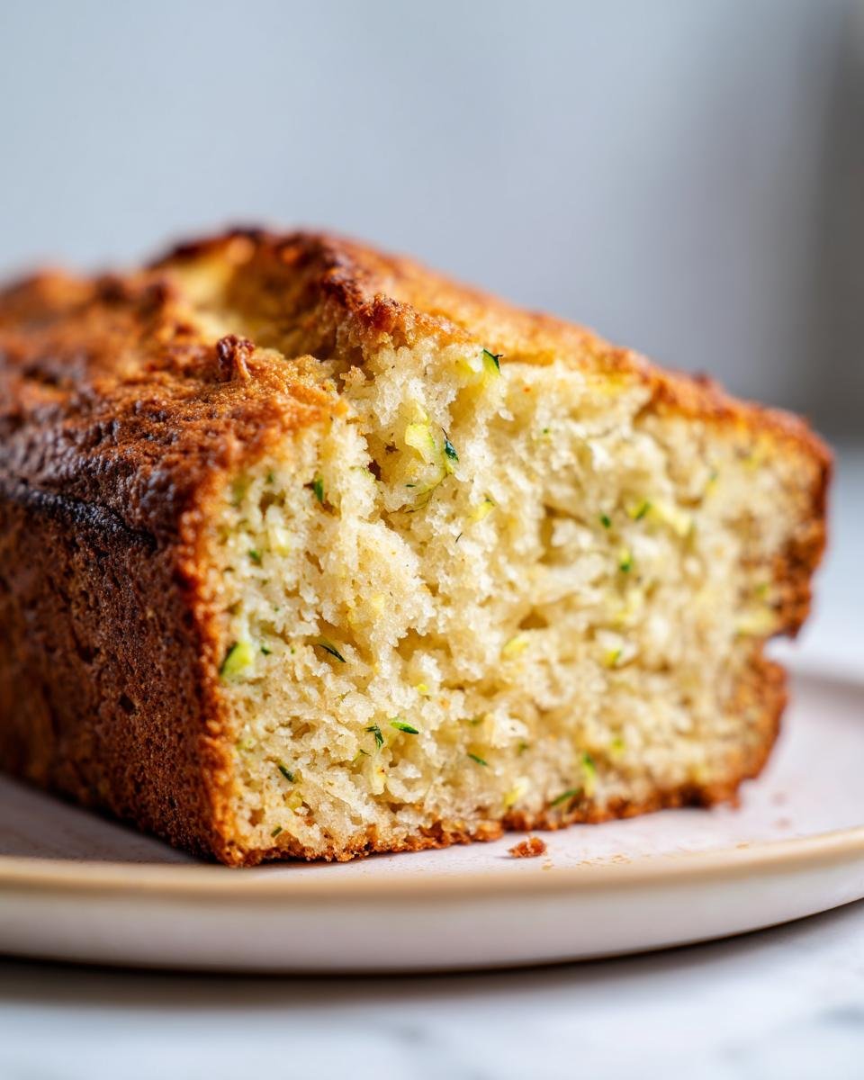 A close-up of a slice of Irresistible Greek Yogurt Zucchini Bread, showing the moist crumb with visible zucchini shreds.