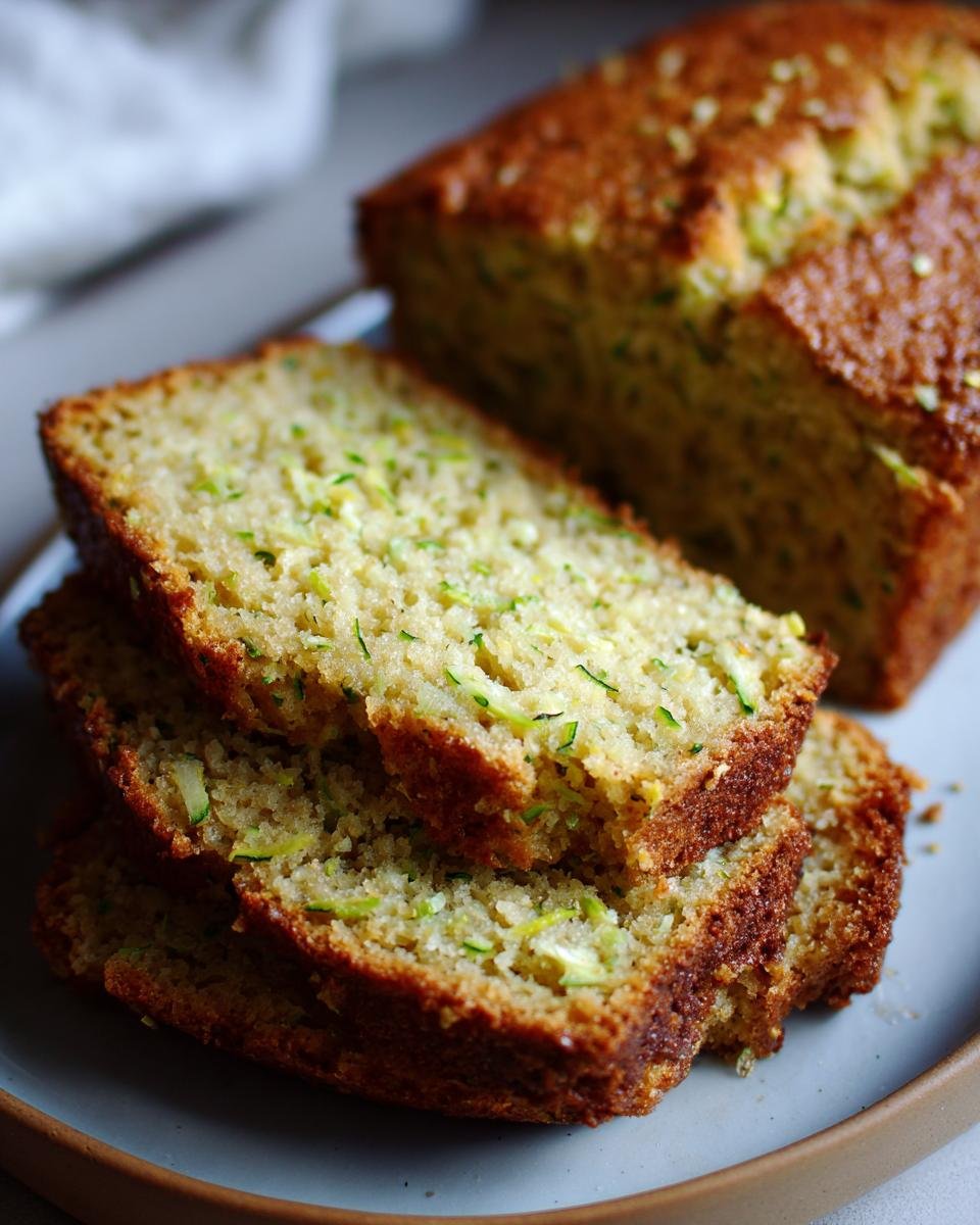 Close-up of three slices of Irresistible Greek Yogurt Zucchini Bread Recipe To Try, showing the moist texture and green zucchini shreds.