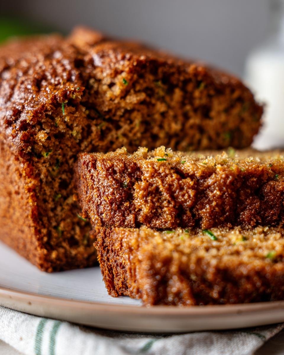 Close-up of two slices of moist Greek Yogurt Zucchini Bread, showing the texture and flecks of zucchini.