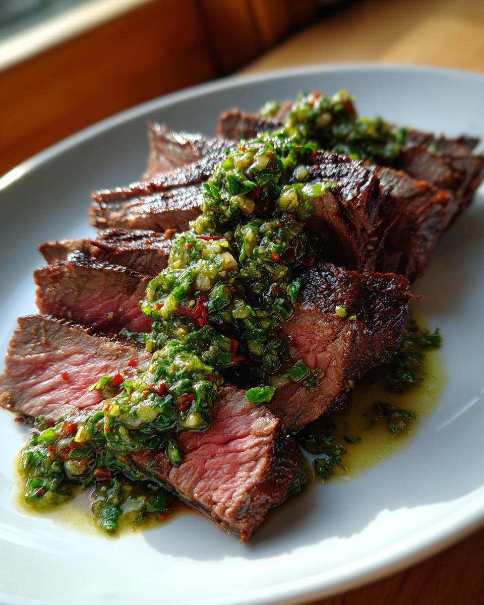 Perfectly sliced Grilled Flank Steak With Avocado Chimichurri served on a white plate.