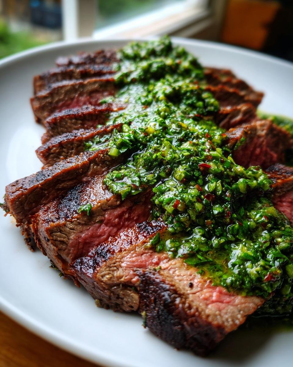 Close-up of perfectly cooked Grilled Flank Steak With Avocado Chimichurri sauce generously spooned over the medium-rare slices.