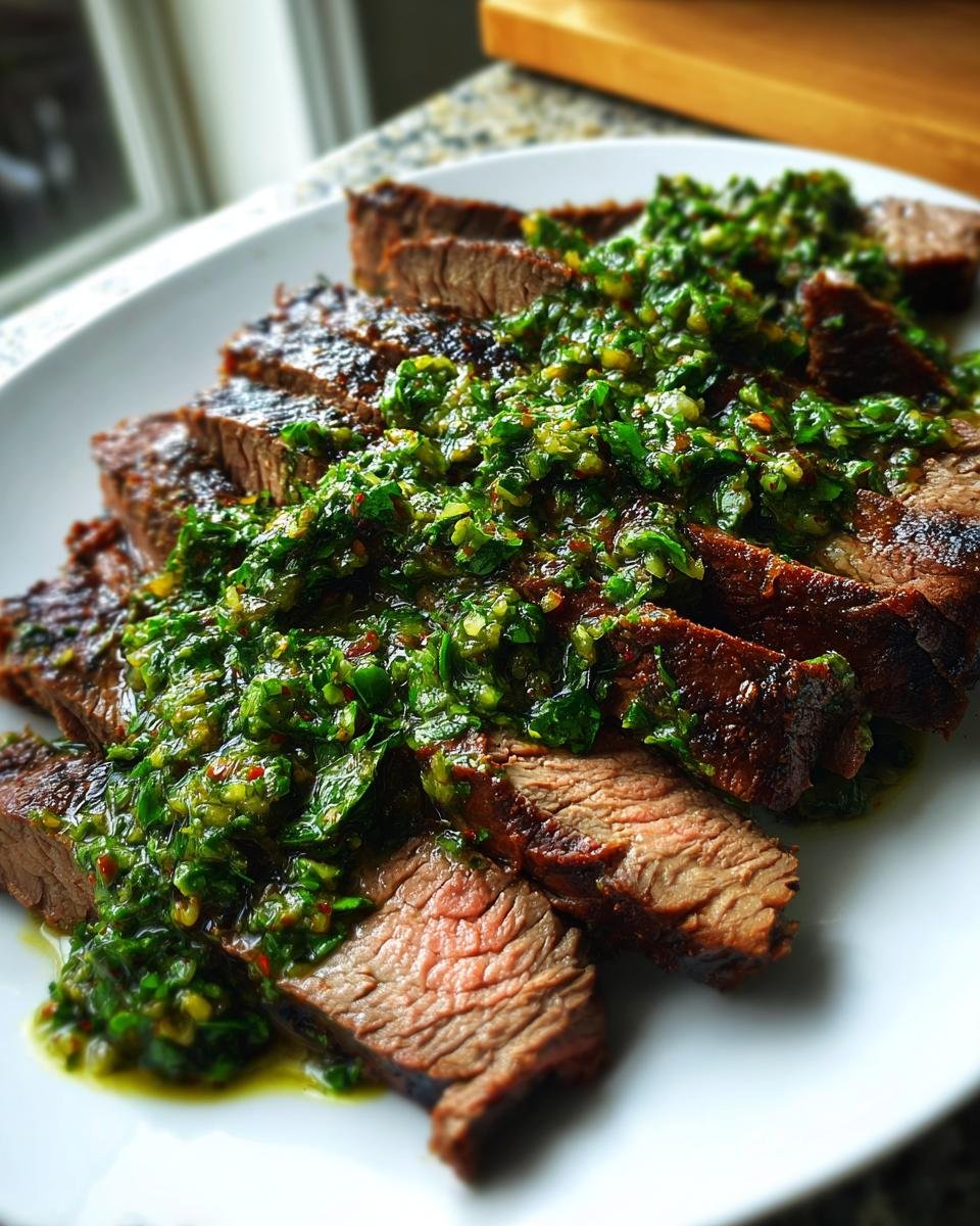 Close-up of perfectly sliced Grilled Flank Steak With Avocado Chimichurri sauce generously spooned over the top.