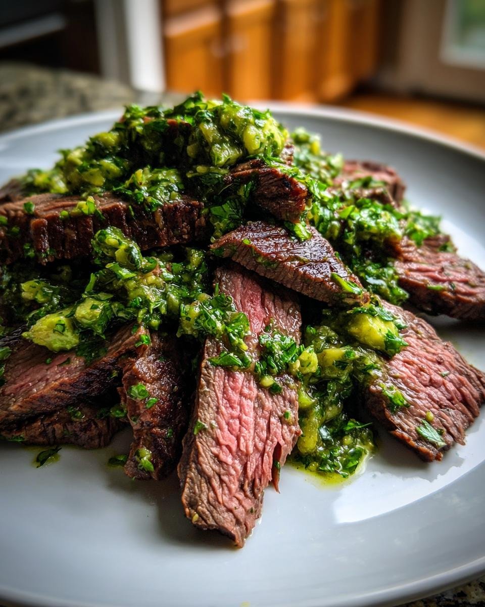 Slices of medium-rare Grilled Flank Steak With Avocado Chimichurri piled on a white plate.