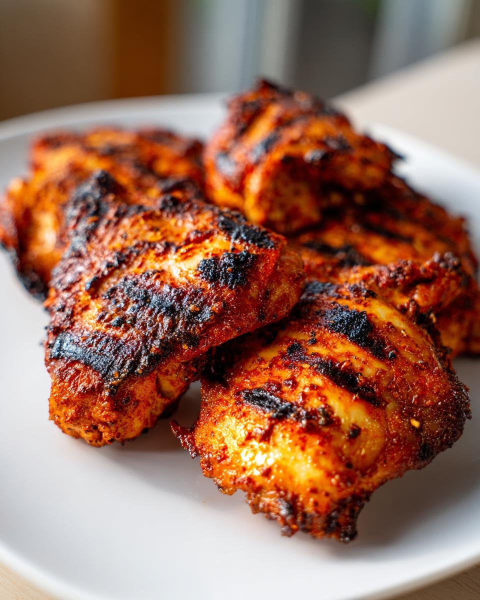 Close-up of several juicy pieces of grilled Piri Piri Chicken with visible char marks on a white plate.