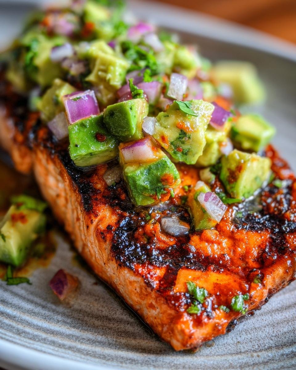 Close-up of perfectly grilled salmon topped with chunky avocado salsa, red onion, and cilantro.