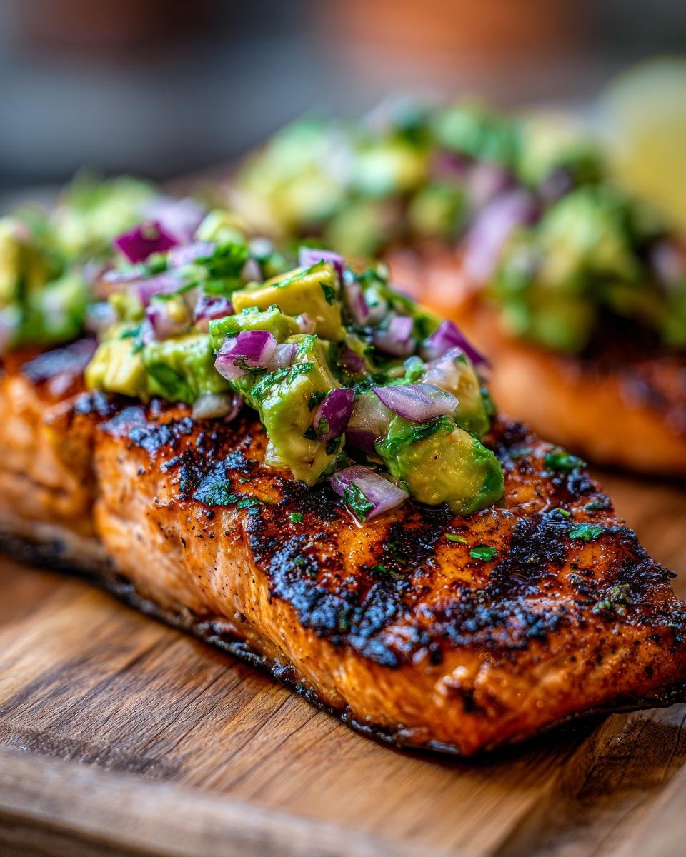 Close-up of a perfectly grilled salmon fillet topped with fresh avocado salsa, featuring diced avocado and red onion.