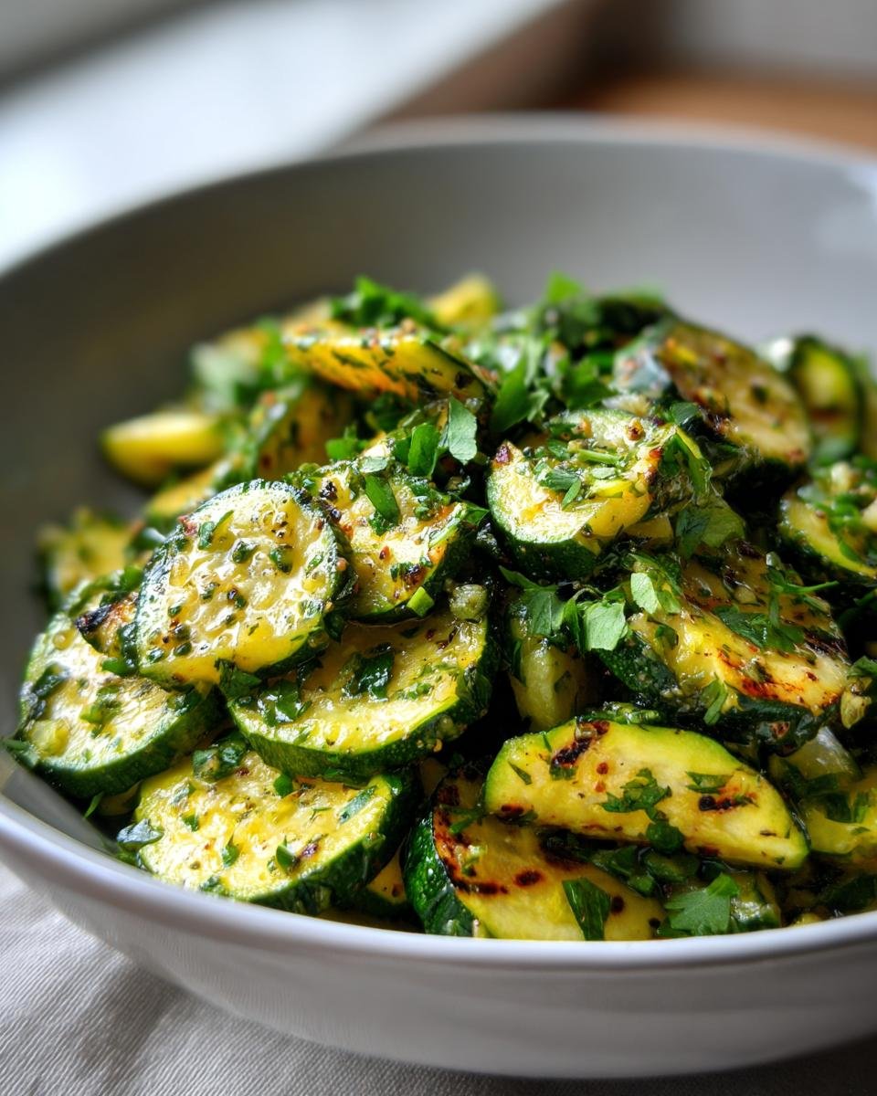 Close-up of sliced, grilled zucchini tossed in a bright herb dressing, making up the Grilled Zucchini Salad.