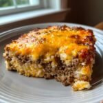 A close-up serving of Ground Beef Cauliflower Rice Casserole topped with melted, browned cheddar cheese.