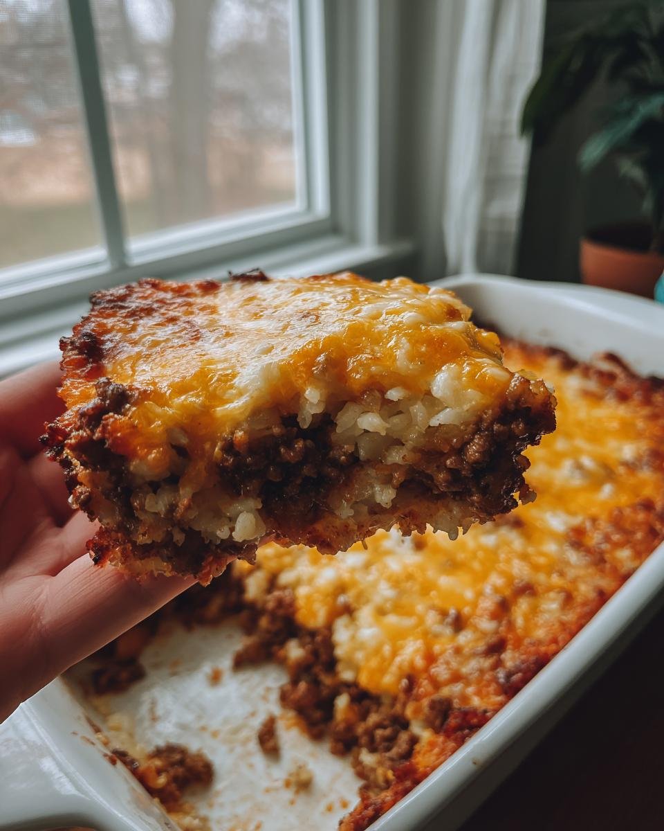 A hand holding up a square slice of cheesy Ground Beef Cauliflower Rice Casserole above the baking dish.