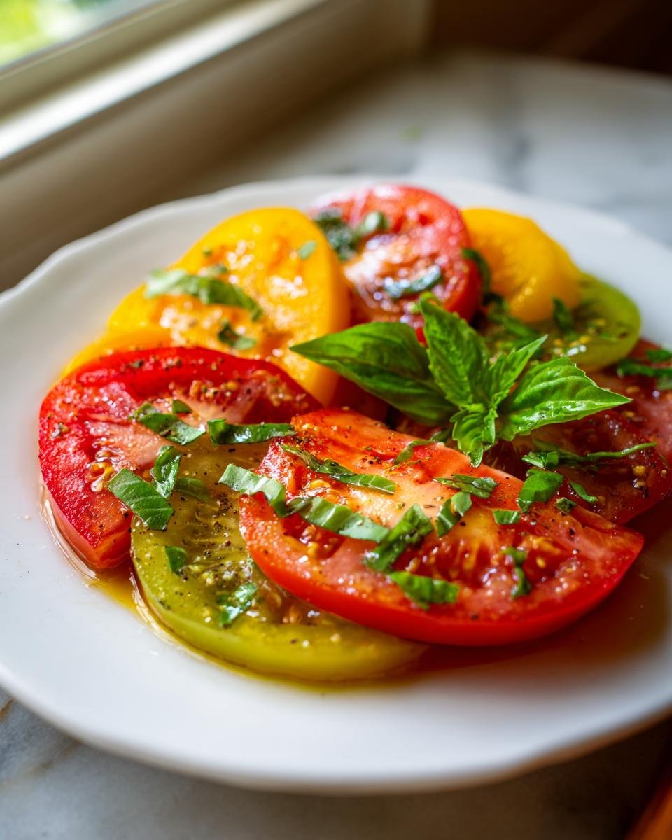 Close-up of vibrant red, yellow, and green heirloom tomato salad slices drizzled with dressing and topped with fresh basil.