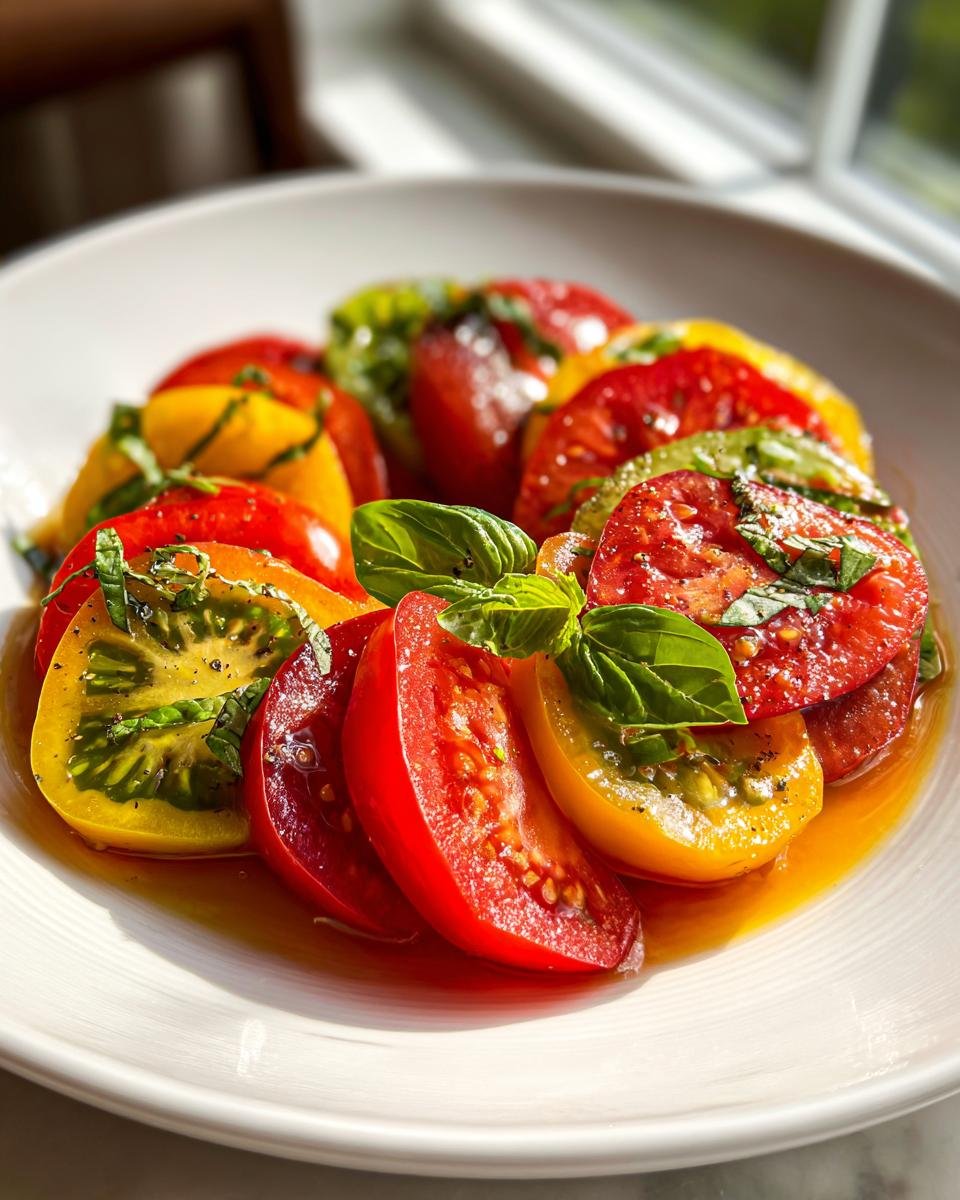 Close-up of a stunning Heirloom Tomato Salad featuring colorful red and yellow slices drizzled with dressing and topped with fresh basil.
