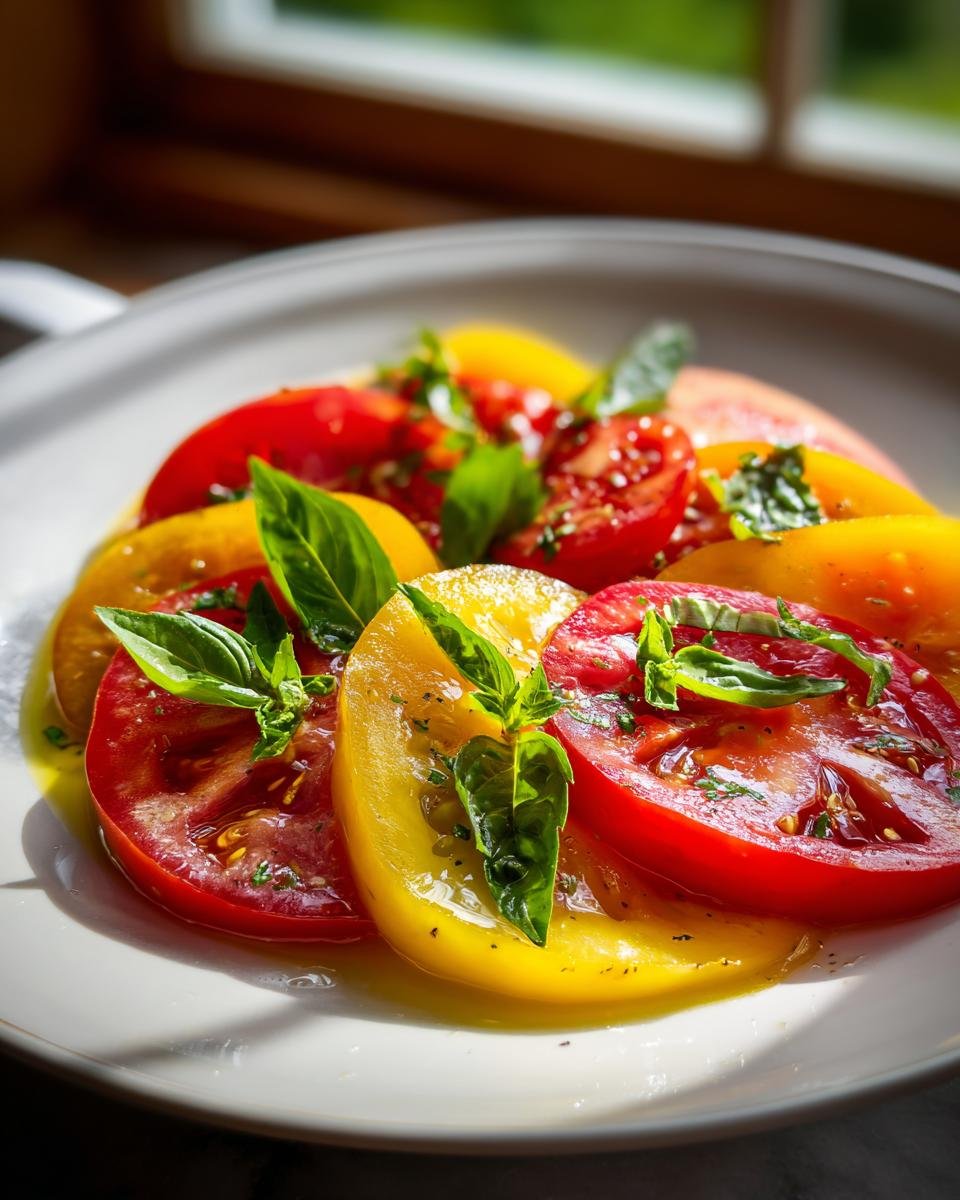 Close-up of sliced red and yellow heirloom tomato salad drizzled with oil and topped with fresh basil leaves.