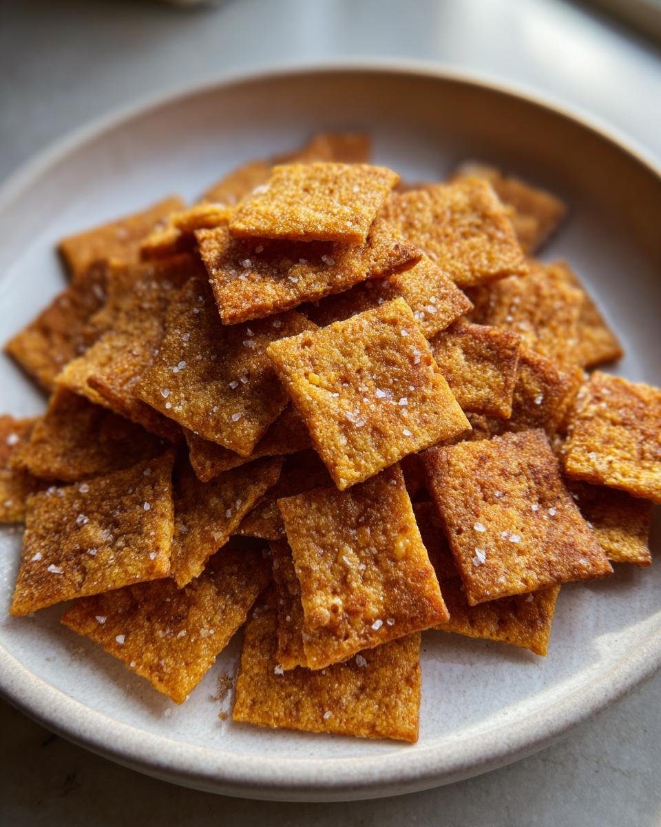A close-up of a pile of golden, rectangular Homemade Cheese Crackers sprinkled with flaky sea salt.