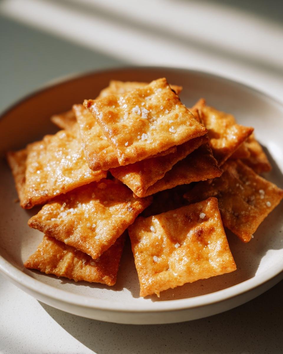 A stack of golden brown, square Homemade Cheese Crackers sprinkled with flaky sea salt, resting on a light ceramic plate.