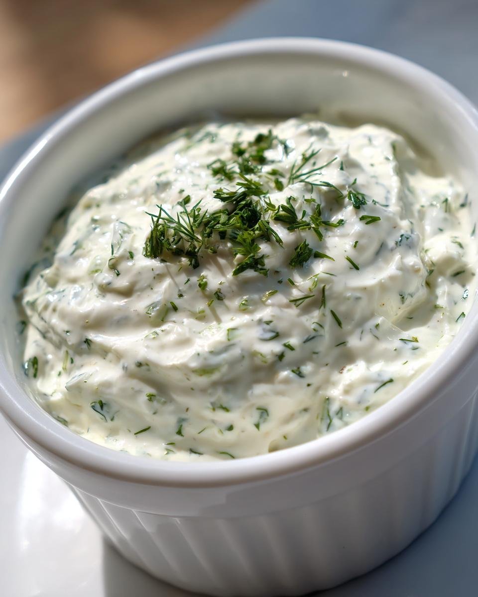 Close-up of thick, creamy homemade Ranch Dressing garnished with fresh dill and parsley in a white bowl.