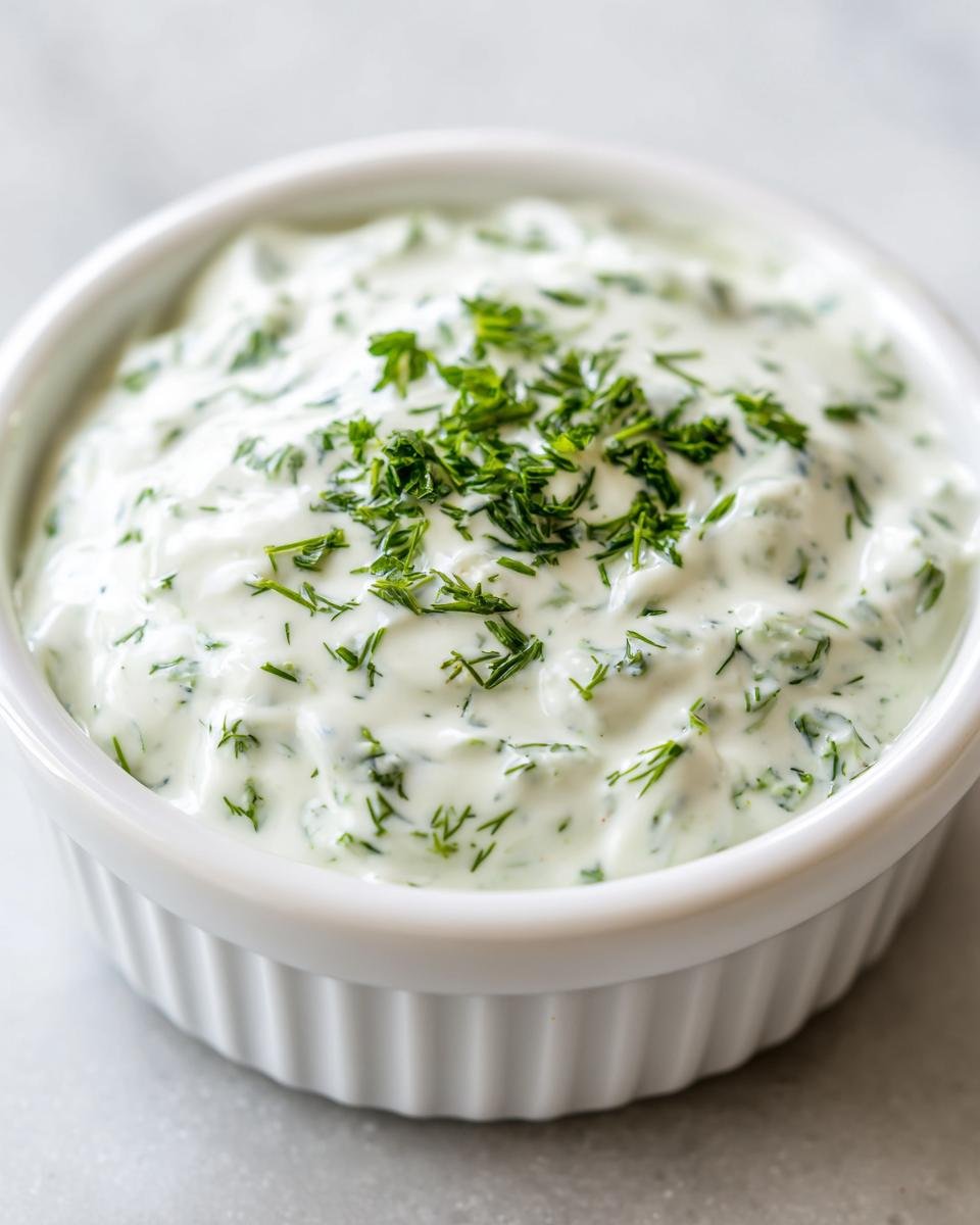 Close-up of thick, creamy homemade Ranch Dressing topped with fresh chopped dill or parsley in a white ramekin.