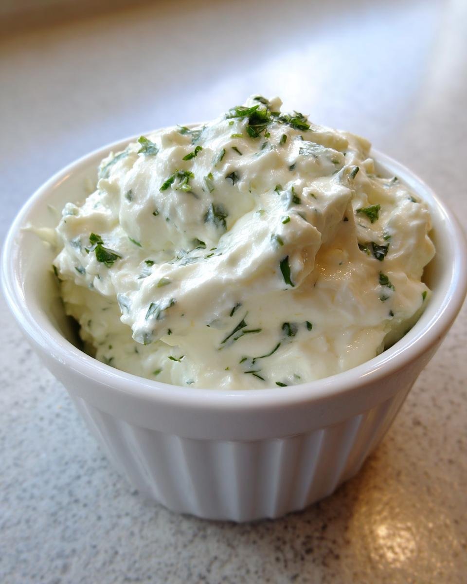 Close-up of thick, creamy homemade Ranch Dressing topped with fresh green herbs in a white ramekin.