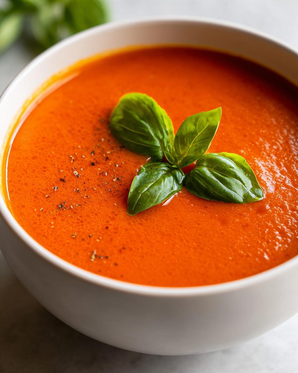 A close-up of a bowl of homemade tomato soup with fresh tomatoes, garnished with basil and black pepper.