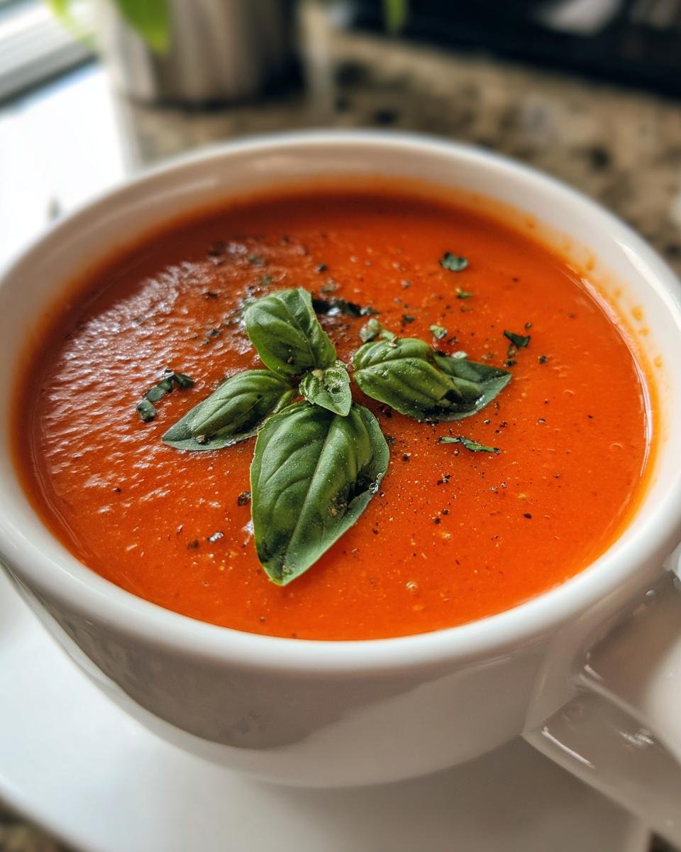 A close-up of a white bowl filled with vibrant Homemade Tomato Soup With Fresh Tomatoes, garnished with fresh basil leaves and cracked black pepper.