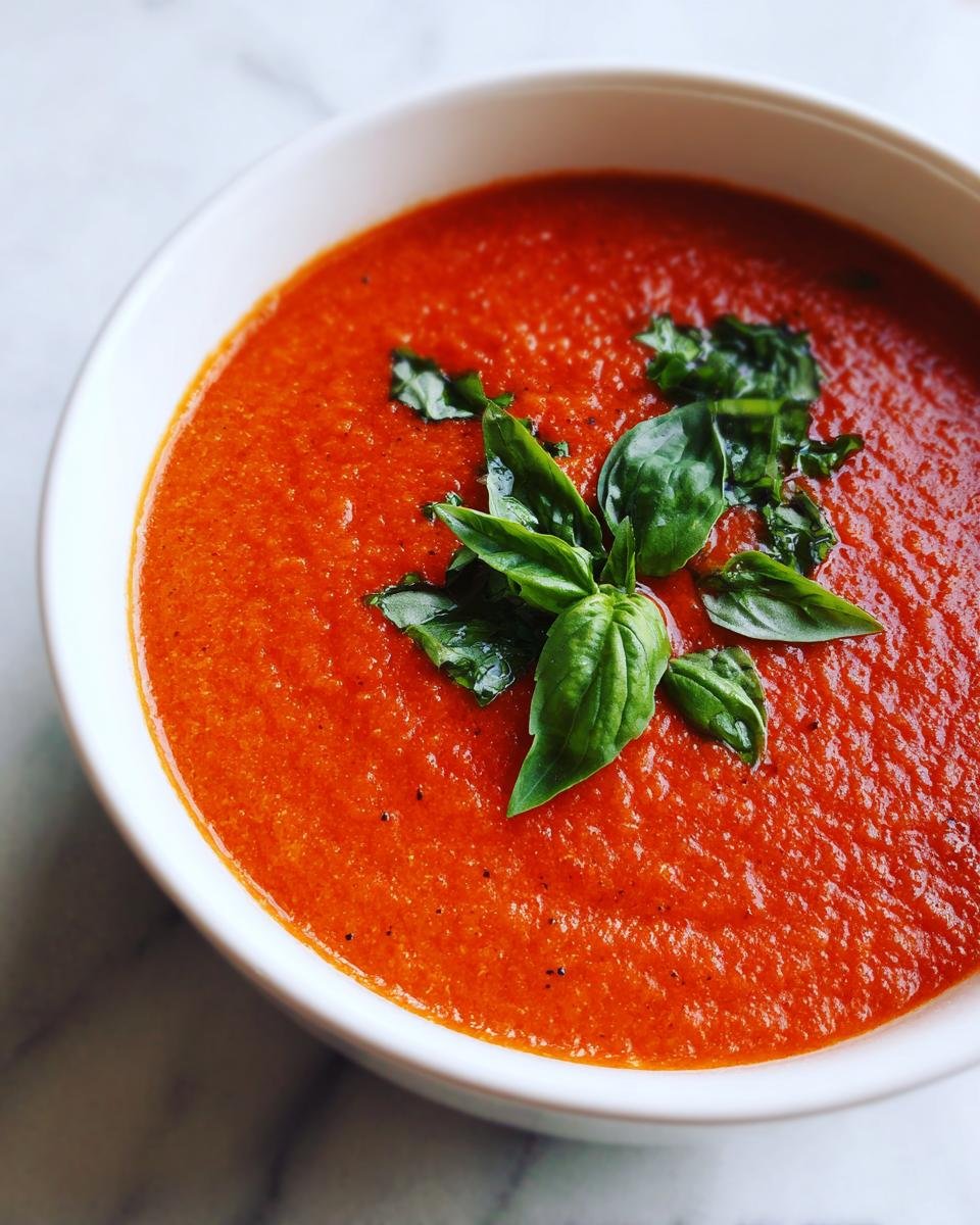 A close-up of a bowl of vibrant Homemade Tomato Soup With Fresh Tomatoes, garnished with fresh basil leaves.