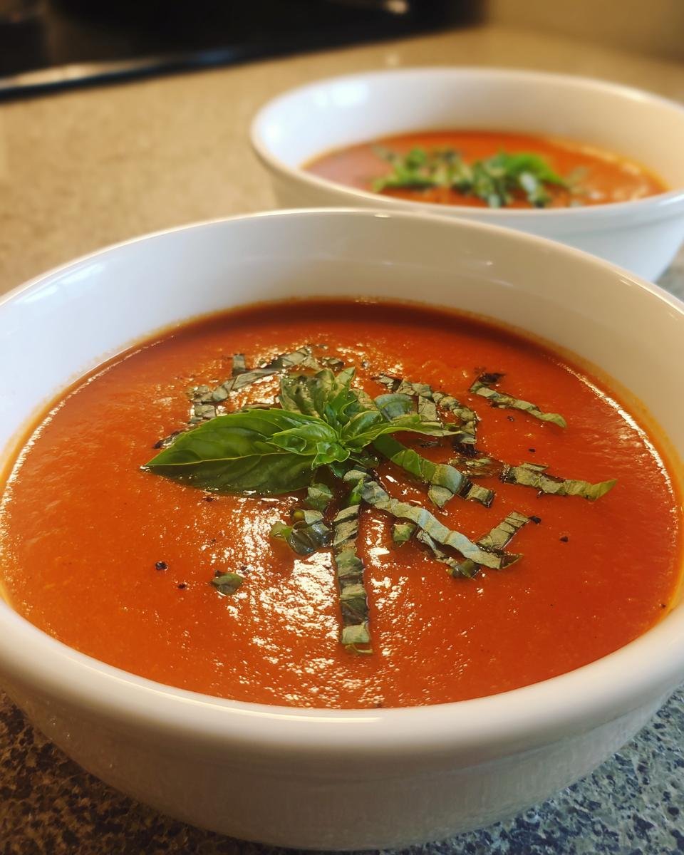 Two bowls of vibrant Homemade Tomato Soup With Fresh Tomatoes, garnished with fresh basil leaves.