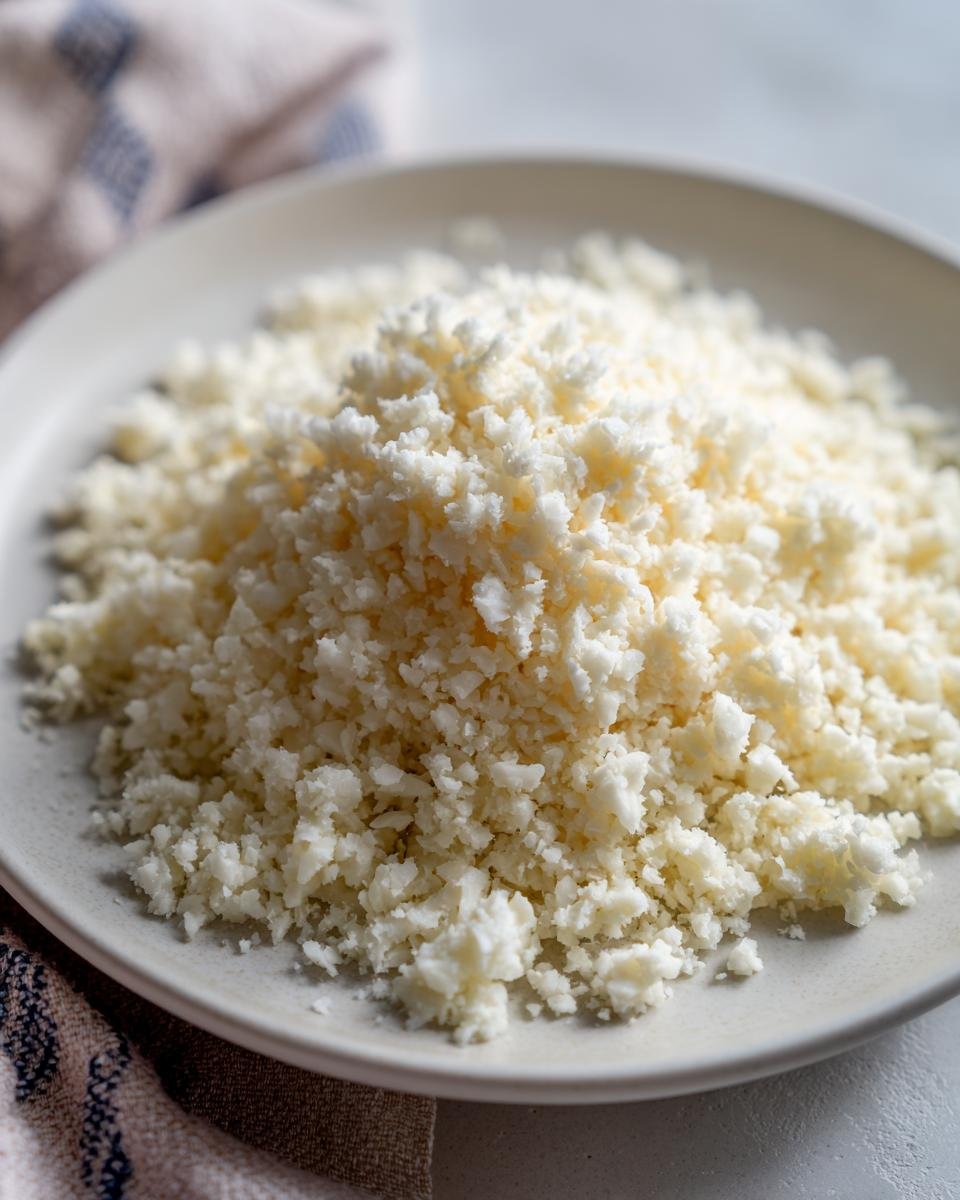 A close-up of freshly prepared cauliflower rice piled high on a light-colored plate.