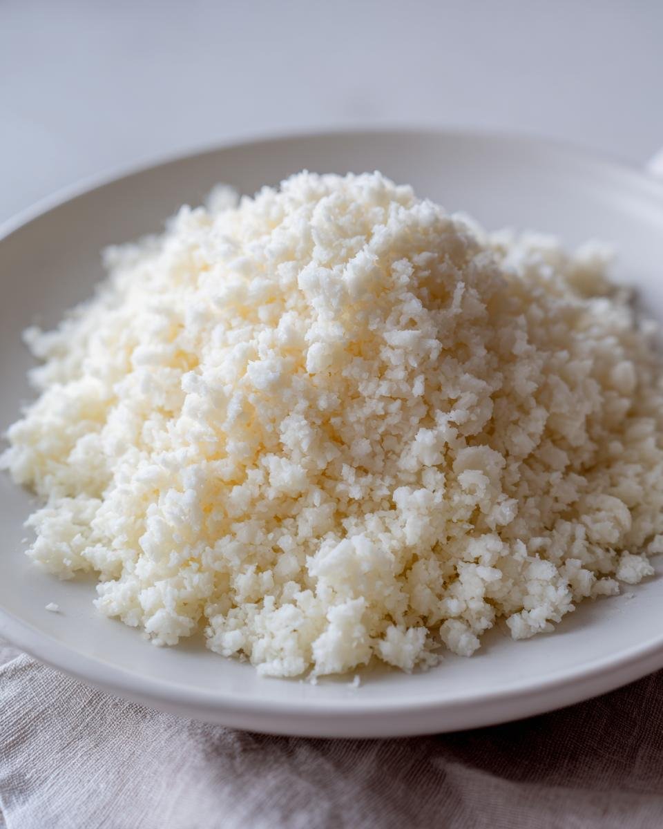 A close-up of freshly made cauliflower rice piled high on a white plate, ready for cooking or storage.
