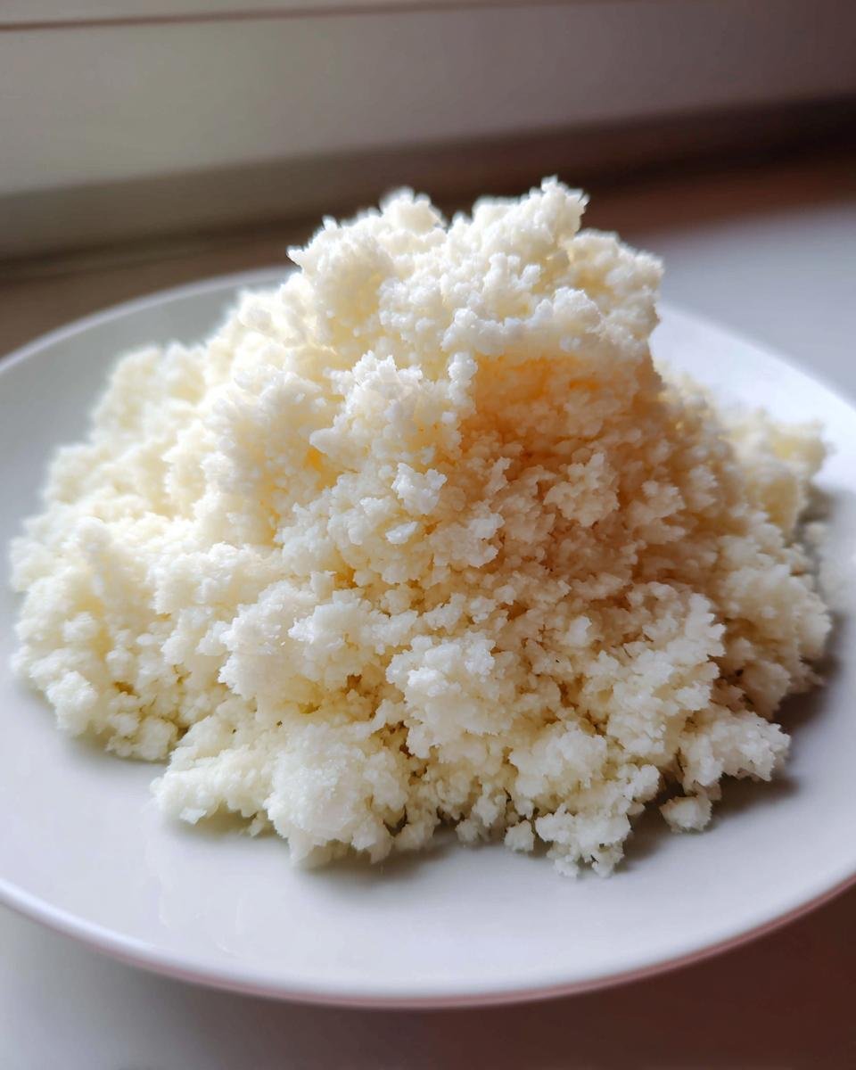 A close-up of freshly made cauliflower rice piled high on a white plate, ready for cooking or storage.