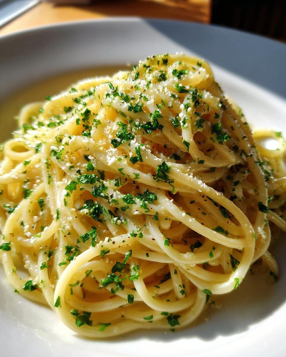 Close-up of a serving of Garlic Butter Pasta tossed in sauce, topped with grated cheese and fresh chopped parsley.