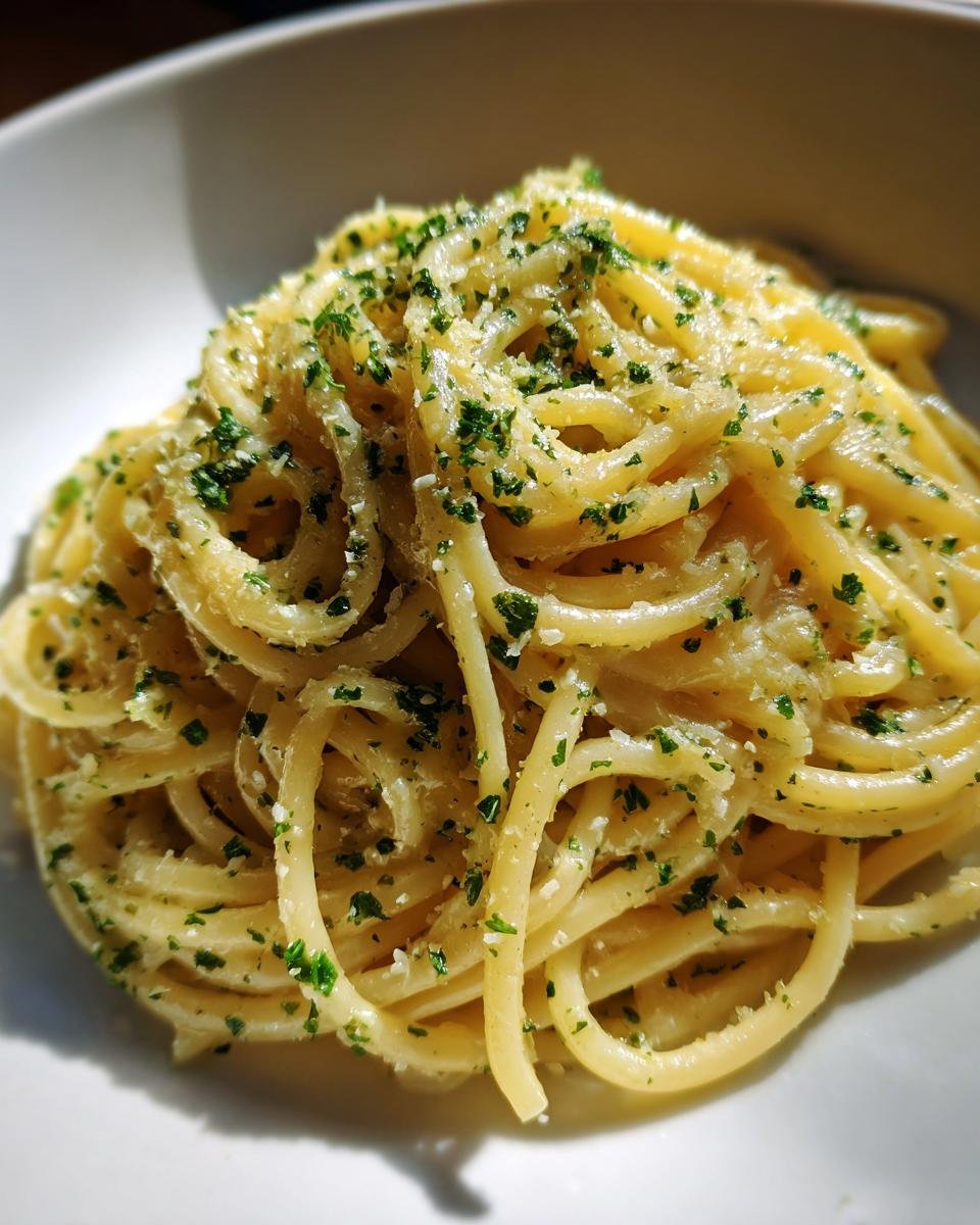 A close-up shot of a serving of Garlic Butter Pasta tossed in sauce, topped with grated cheese and fresh chopped parsley.
