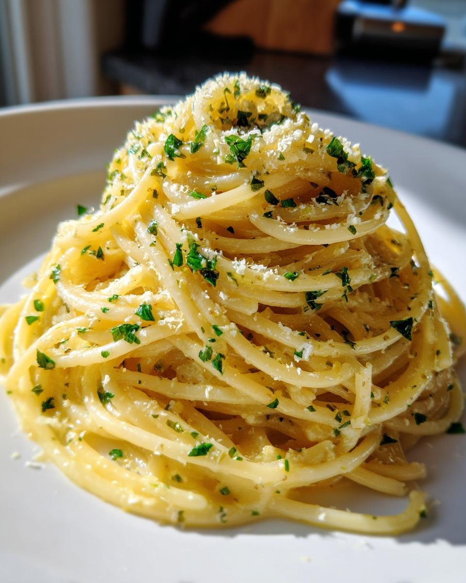 A close-up of a perfectly twirled mound of Garlic Butter Pasta topped with grated Parmesan cheese and fresh chopped parsley.