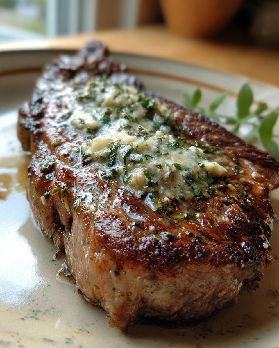 Close-up of an indulgent garlic butter steak, perfectly seared and topped with melted garlic butter and herbs.